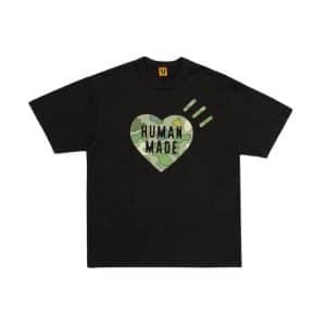 Black Human Made Tee with Green Camo Heart Graphic