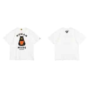 Human Made White Cotton T-Shirt with Black Bear Print Graphic